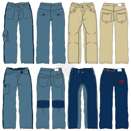 Illustration for Front and back vector jean jean pants for men flat cartoon fashion illustration, five pocket denim trousers vector template - Royalty Free Image