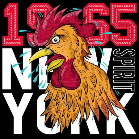 Illustration for Illustration rooster tattoo style with colors and crest, Text New York Since 1965 Patchwork embroidered. Fashion design style. - Royalty Free Image