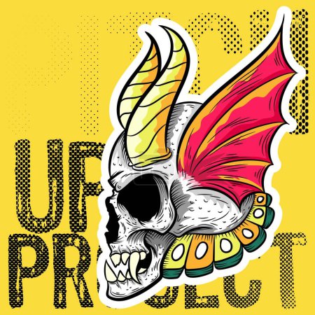 Illustration for Illustration of skull with horns and wings in biker style, colorful tattoo type texts and worn fashion, embroidery type patches. - Royalty Free Image