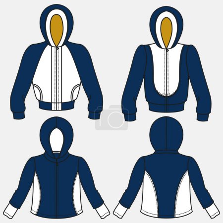 Illustration for Unisex Hoodie fashion technical illustration. Set of Hoodie Sweatshirt fashion planetarium technical drawing, pocket, zipper, front and back view, white, women, men CAD makeup. - Royalty Free Image