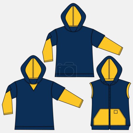 Illustration for Unisex Hoodie fashion design. Set of Hoodie Sweatshirt fashion flat technical drawing template, zip-up, front and back view, white, women, men CAD mockup. - Royalty Free Image