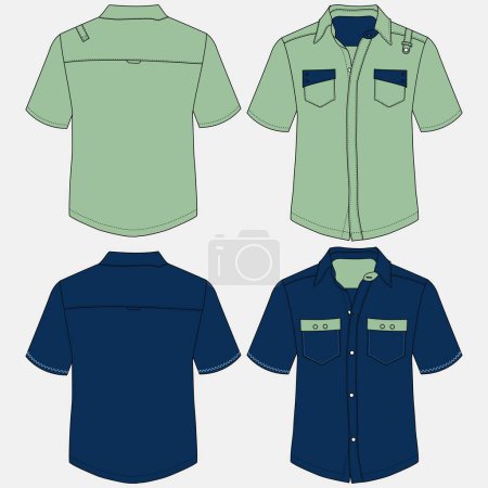 Illustration for Shirts and jackets set. Fashionable unisex clothes for men and women. Trendy cotton and denim vests with buttons, pockets, long and short sleeves. Linear flat vector isolated on white background - Royalty Free Image