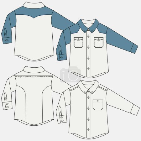 Illustration for Shirts and jackets set. Fashionable unisex clothes for men and women. Trendy cotton and denim vests with buttons, pockets, long and short sleeves. Linear flat vector isolated on white background - Royalty Free Image