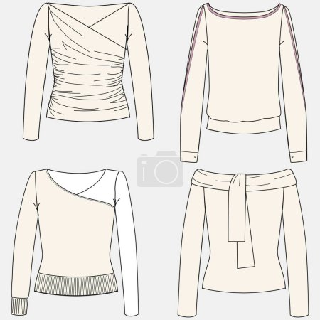 Illustration for Vector crop top fashion CAD, women's short sleeve t-shirt technical shirt, slim fit with open back blouse template, sketch, flat lay. Jersey fabric top with front, rear view mirror, white - Royalty Free Image