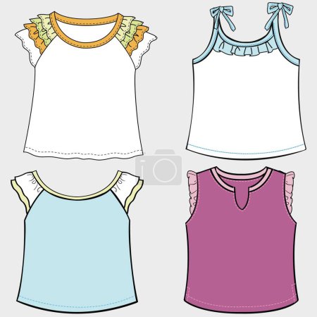Illustration for Vector CAD fashion short sleeve, women's round neck blouse with bow detail technical drawing, flat, sketch, mock up, template. Jersey fabric or woven t-shirt with front, back view, white color - Royalty Free Image