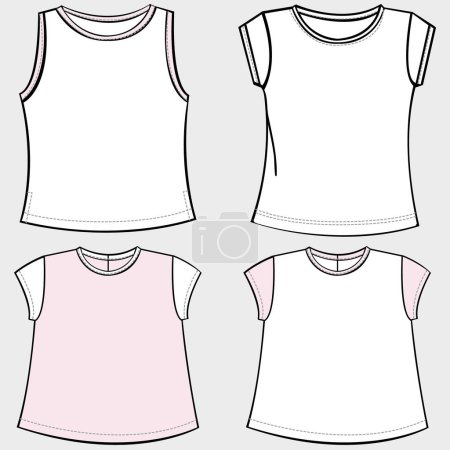 Illustration for Vector CAD fashion short sleeve, women's round neck blouse with bow detail technical drawing, flat, sketch, mock up, template. Jersey fabric or woven t-shirt with front, back view, white color - Royalty Free Image