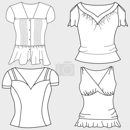 Illustration for Vector crop top fashion CAD, women's short sleeve t-shirt technical shirt, slim fit with open back blouse template, sketch, flat lay. Jersey fabric top with front, rear view mirror, white - Royalty Free Image