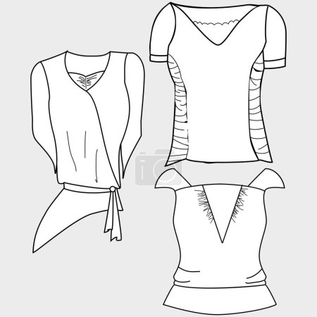 Ilustración de CAD de moda de corte vectorial, camiseta de manga corta de las mujeres camisa técnica, ajuste delgado con plantilla de blusa trasera abierta, boceto, puesta plana. Camiseta de tela con parte delantera, espejo retrovisor, blanco - Imagen libre de derechos