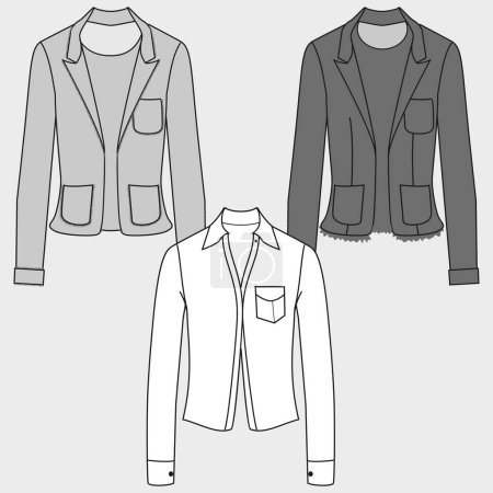 Illustration for Showcase Blazer Jacket double breasted ribbed male design flat drawing fashion illustration technical drawing with front and back view, front and back view, white color, female CAD makeup. - Royalty Free Image