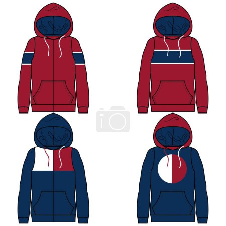 Collection of sweatshirts for women and men in flat lines, with cuts or color blocks, as well as with details on closure and drawstring, some with hoods or bags in the center, fashionable.