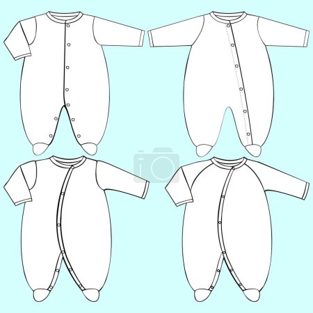 colección de ropa de bebé, niña y unisex, algunas con colores y texturas en un patrón con cortes en bloque, gráficos sugerentes para parche o impresión, líneas planas o técnicas para diseño de moda.