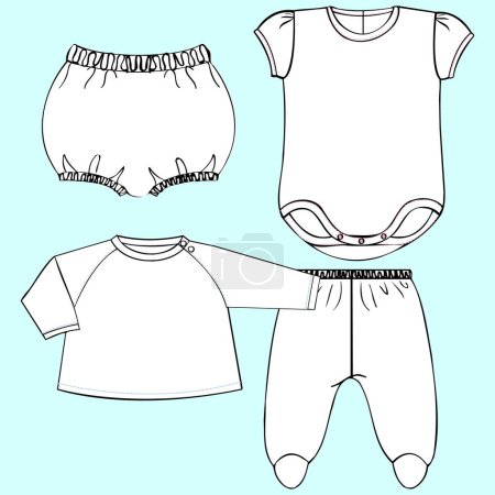 colección de ropa de bebé, niña y unisex, algunas con colores y texturas en un patrón con cortes en bloque, gráficos sugerentes para parche o impresión, líneas planas o técnicas para diseño de moda.