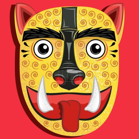 Téléchargez les illustrations : Design de masque Jaguar représentatif de l'art aztèque du Tenochtitlan Mexique, avec texture des symboles du vent, design de l'empire mexicain. - en licence libre de droit