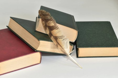 Photo for In the old days, books were written with a quill pen. The pictures include books and a bird's feather. - Royalty Free Image