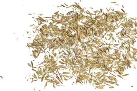 Dry thyme seeds, ready-to-eat product, on a white background. Close-up.