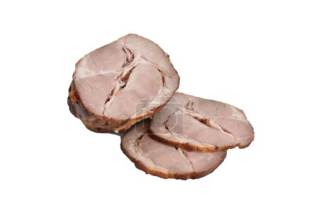 Mehrere Scheiben Fleisch von einem großen Stück Schweinefleisch geschnitten. Fertig zum Essen.