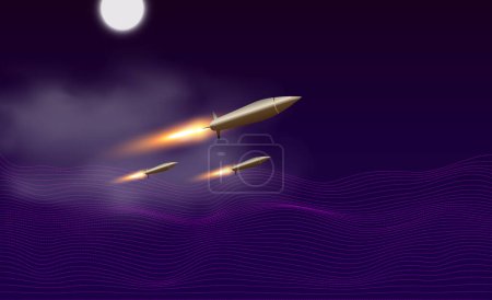 Illustration for Realistic flying rockets in motion with the fiery trace. Vector illustration. - Royalty Free Image