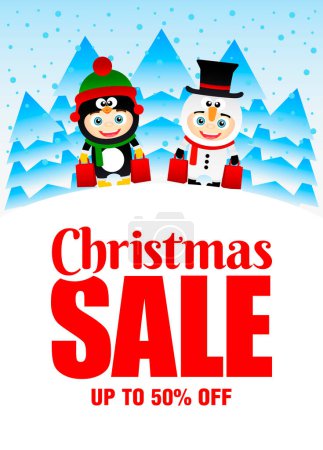 Téléchargez les photos : Affiche de vente de Noël avec 50 % de réduction couche pour les vacances. Les enfants drôles dans les costumes de Noël - en image libre de droit