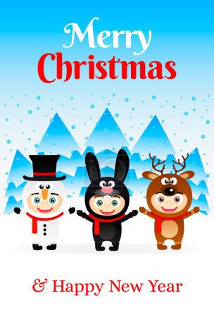 Foto de Feliz Navidad y Feliz Año Nuevo cartel con los niños en trajes Muñeco de nieve, conejito y ciervo. Feliz Navidad y Feliz Nuevo - Imagen libre de derechos