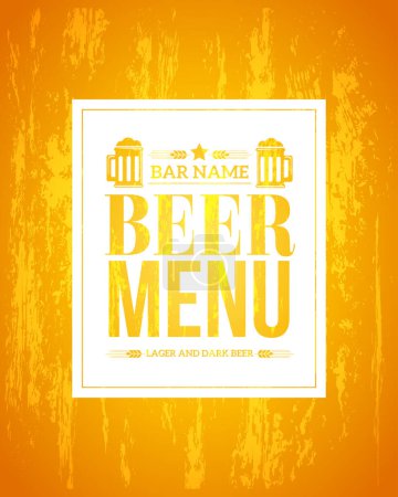 Ilustración de Menú de cerveza sobre un fondo amarillo estilo retro grunge. Ilustración vectorial - Imagen libre de derechos
