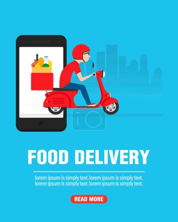 Foto de Entrega de comida en una motocicleta. Diseño de concepto de entrega plana. Ilustración vectorial - Imagen libre de derechos