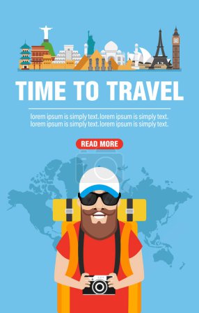 Time to travel. Around the world concept design flat with traveler. Vector illustration