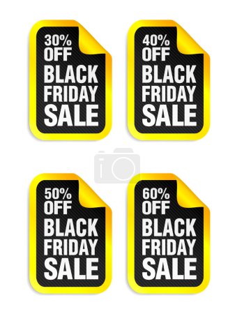 Ilustración de Viernes negro venta amarilla pegatinas conjunto. Venta 30%, 40%, 50%, 60% descuento. Ilustración vectorial - Imagen libre de derechos