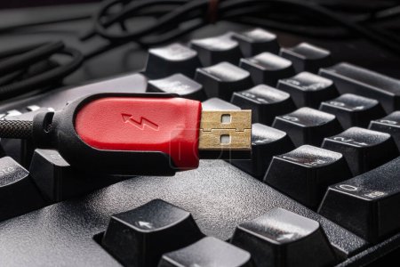 Téléchargez les photos : Détail de connecteur de câble USB rouge pour ordinateur tenant sur fond de clavier noir - en image libre de droit