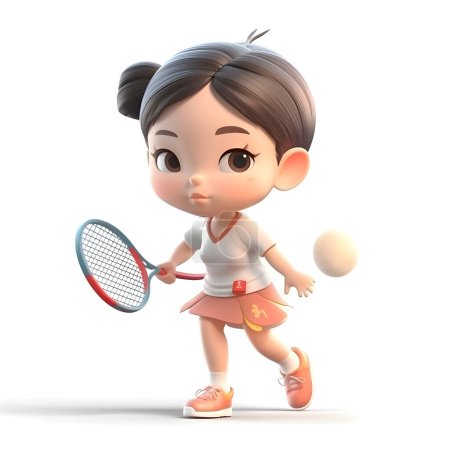 Photo for Cute girl playing tennis isolated on white background. 3D rendering. - Royalty Free Image