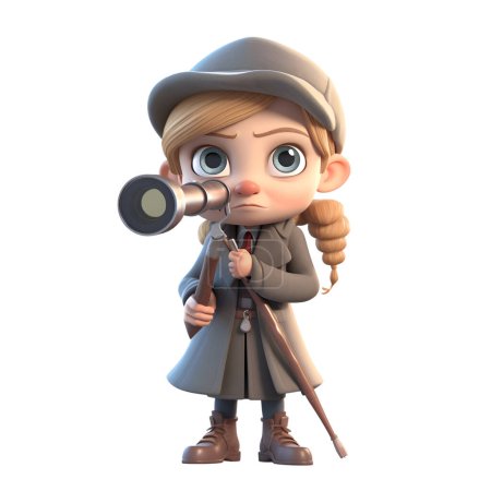 Foto de Ilustración 3D de una chica de dibujos animados en una gabardina con prismáticos - Imagen libre de derechos