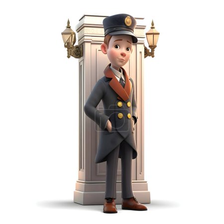 Photo for 3D Render of Little Police Boy with Police Station Door on white background - Royalty Free Image