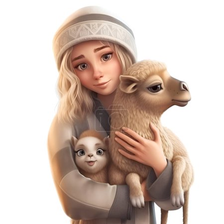 Téléchargez les photos : Scène de la Nativité. Marie avec l'enfant Jésus et les moutons isolés sur fond blanc - en image libre de droit