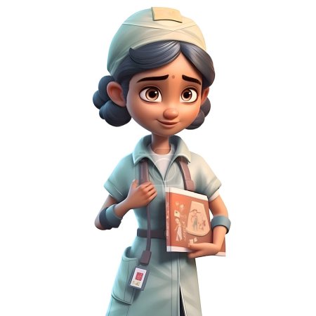 Téléchargez les photos : 3D Render of Little Asian Nurse avec un livre montrant pouces vers le haut - en image libre de droit