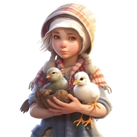 Téléchargez les photos : Petite fille avec des poulets. Isolé sur fond blanc. Rendu 3d. - en image libre de droit