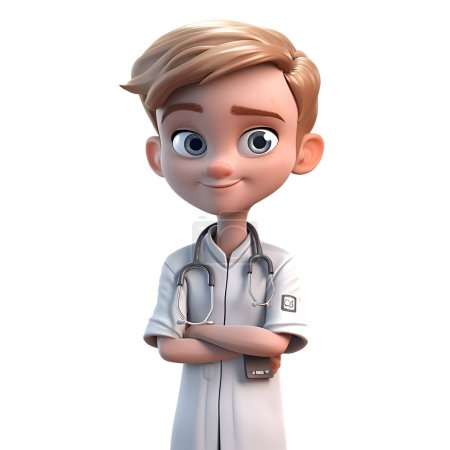 Téléchargez les photos : 3D Render of Cartoon Doctor avec stéthoscope autour du cou - en image libre de droit