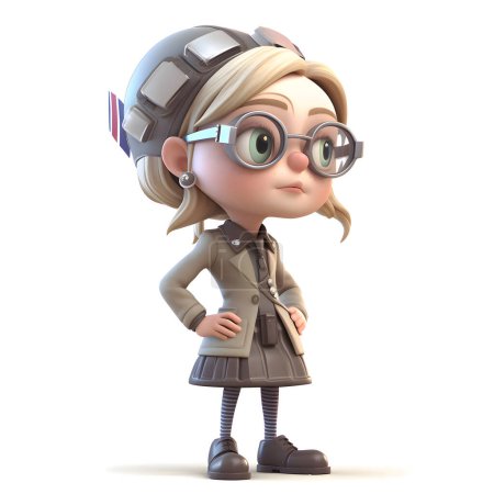 Téléchargez les photos : Illustration 3D d'une jolie fille de dessin animé avec des lunettes et un chapeau pilote - en image libre de droit