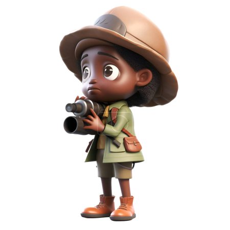Foto de Representación en 3D de un niño safari afroamericano con una cámara - Imagen libre de derechos