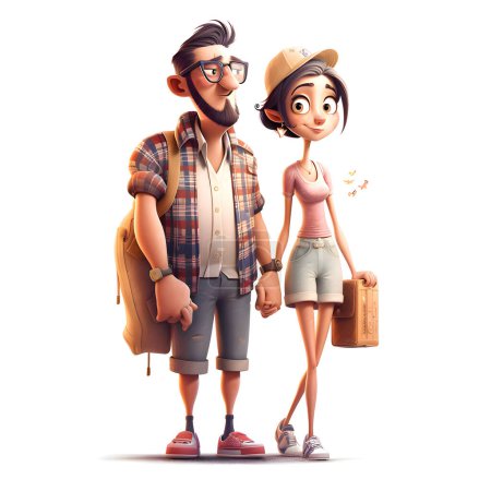 Foto de Joven pareja hipster con mochilas sobre un fondo blanco. renderizado 3d. - Imagen libre de derechos