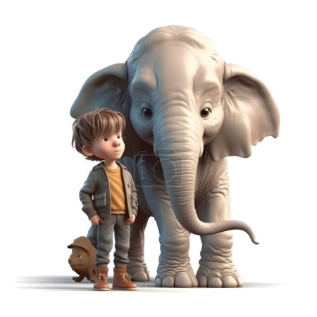 Foto de Niño y elefante sobre un fondo blanco. Ilustración 3D aislada - Imagen libre de derechos