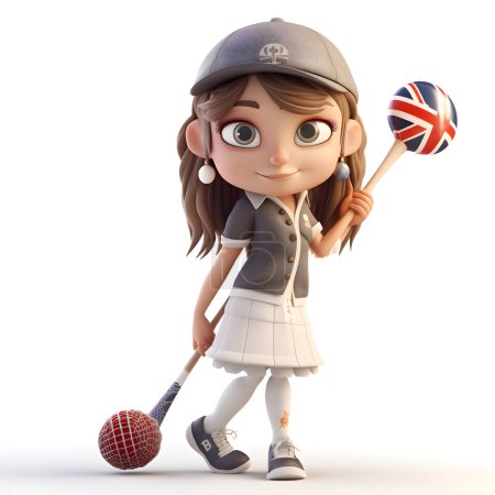 Téléchargez les photos : Illustration 3D d'une jolie fille de dessin animé avec une batte de baseball et un drapeau britannique - en image libre de droit