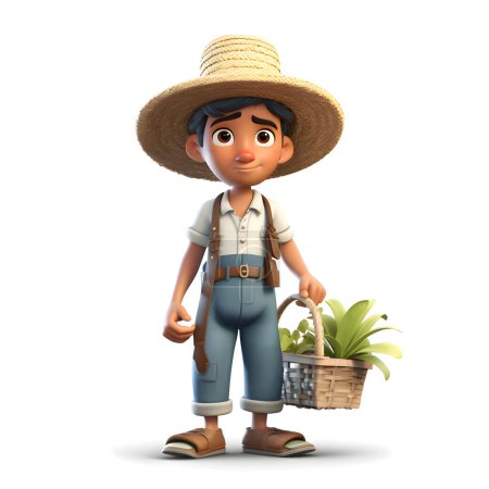Téléchargez les photos : Illustration d'un agriculteur avec un panier plein de plantes sur fond blanc - en image libre de droit