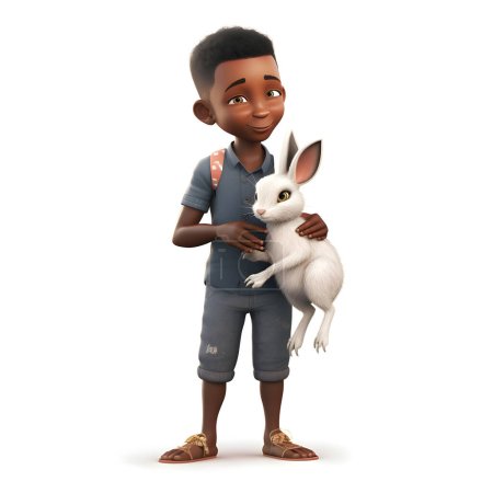 Photo for 3D Render of an african american boy with a rabbit - Royalty Free Image