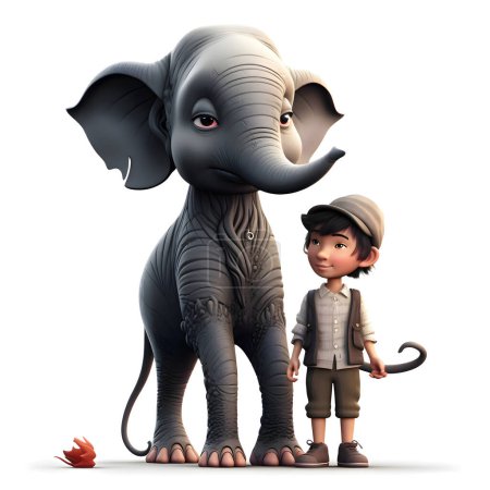Photo for Little boy and an elephant on a white background. 3d rendering - Royalty Free Image