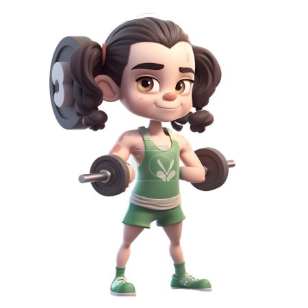 Photo for Little girl lifting weights. 3d illustration. horizontal. isolated. over white - Royalty Free Image
