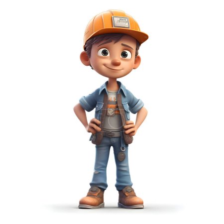 Téléchargez les photos : Rendre 3D d'un petit garçon travailleur de la construction avec casque dur et perceuse - en image libre de droit