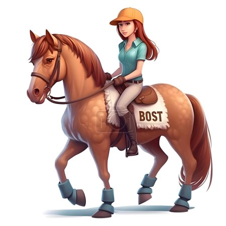 Téléchargez les photos : Illustration d'une belle fille chevauchant un cheval sur fond blanc - en image libre de droit