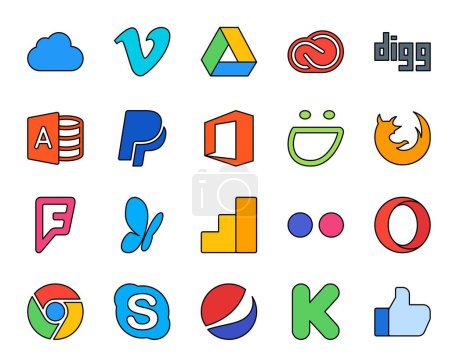 Illustration for 20 Social Media Icon Pack Including flickr. msn. microsoft access. foursquare. firefox - Royalty Free Image