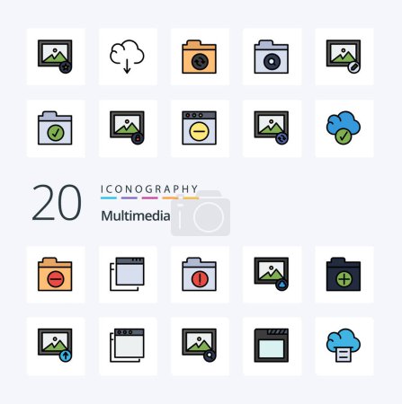 Illustration for 20 Multimedia Line Filled Color icon Pack like upload image folder new add - Royalty Free Image
