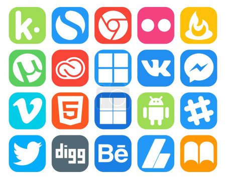 Ilustración de 20 Paquete de iconos de redes sociales Incluyendo holgura. Delicioso. adobe. html. vimeo - Imagen libre de derechos