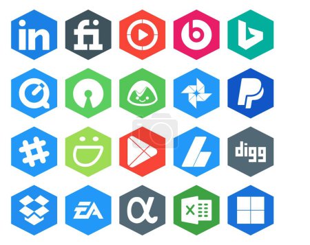 Téléchargez les illustrations : 20 Pack d'icônes pour les médias sociaux incluant les publicités. applications. basecamp. google play. chat - en licence libre de droit